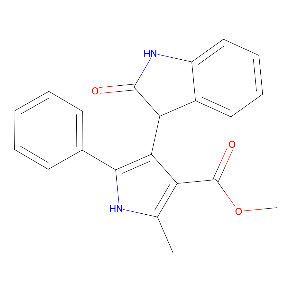 2-Methyl-4-(2-oxoindoline-3-yl)-5-phenyl-1H-pyrrole-3-carboxylic acid methyl ester molecular structure, CAS 851085-17-1