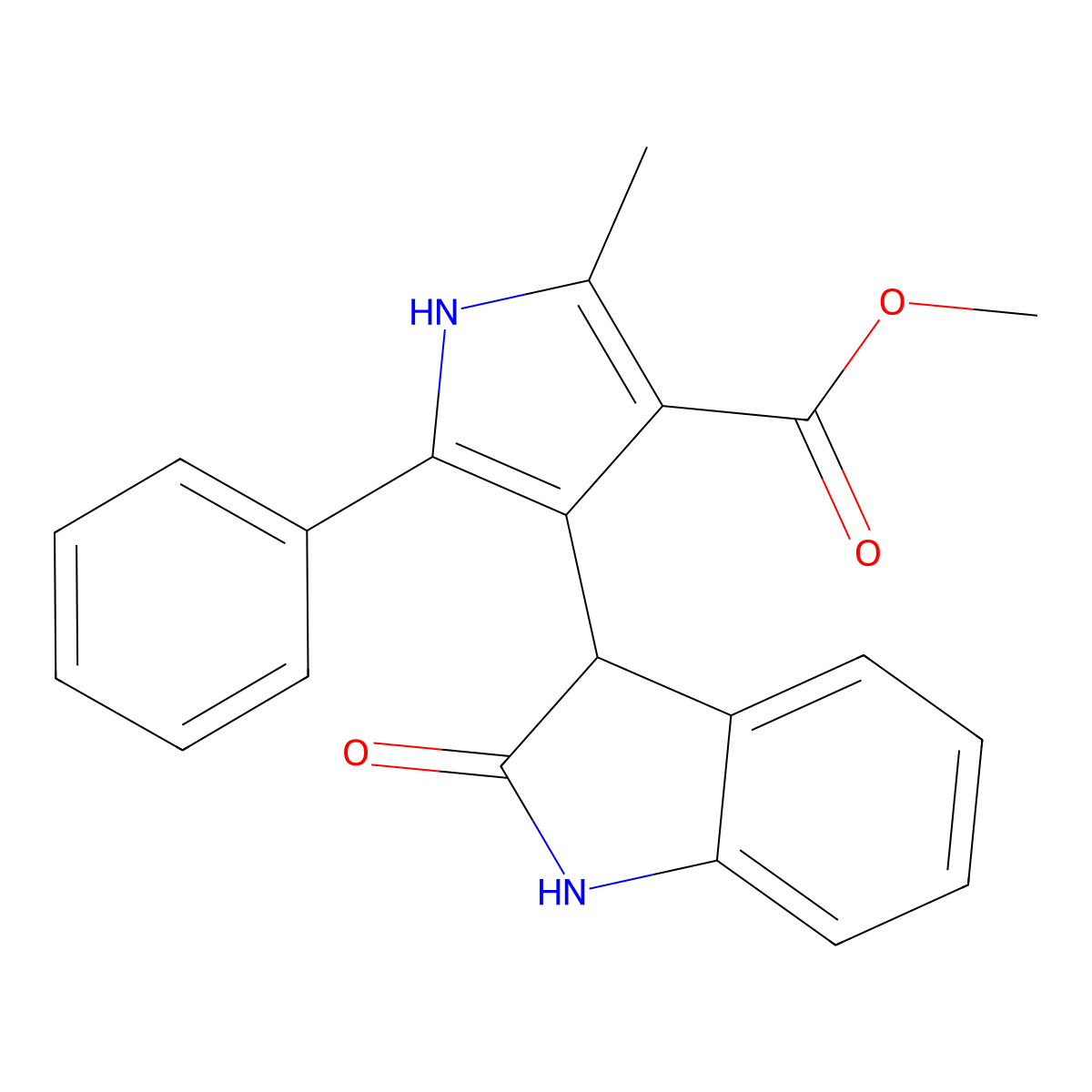 2-Methyl-4-(2-oxoindoline-3-yl)-5-phenyl-1H-pyrrole-3-carboxylic acid methyl ester molecular structure, CAS 851085-17-1