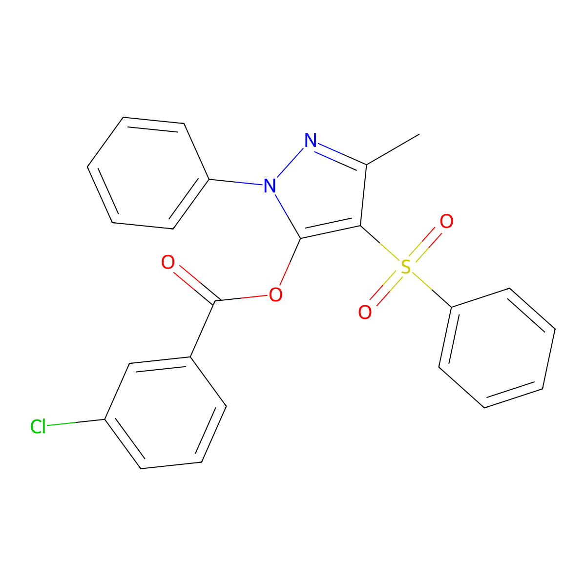 3-methyl-1-phenyl-4-(phenylsulfonyl)-1H-pyrazol-5-yl 3-chlorobenzoate molecular structure, CAS 851092-57-4