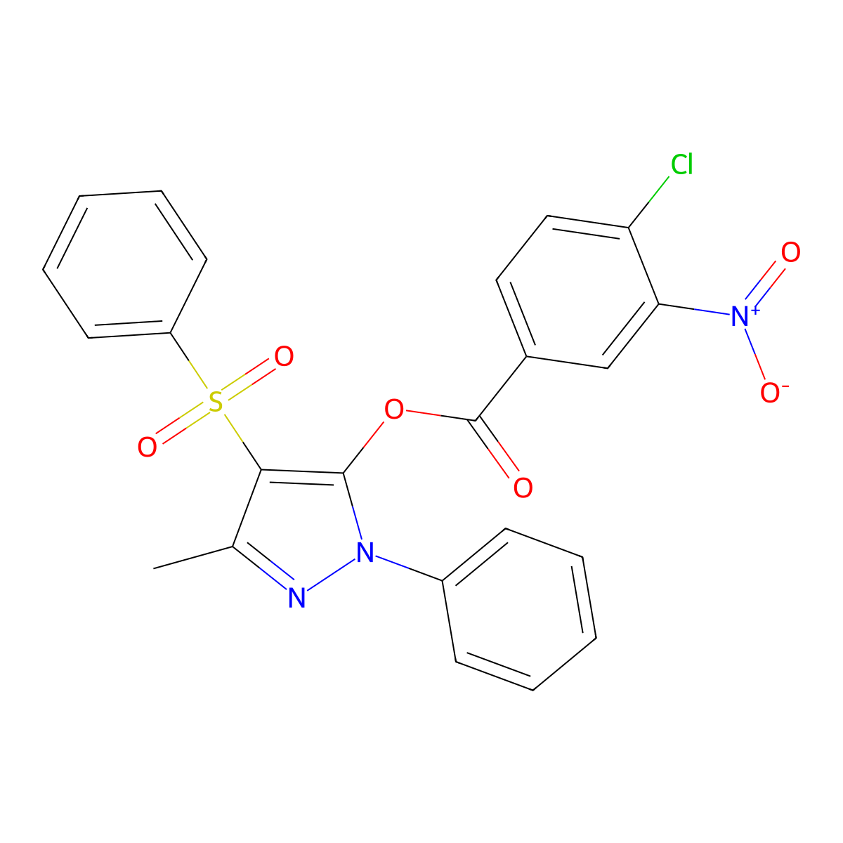 3-methyl-1-phenyl-4-(phenylsulfonyl)-1H-pyrazol-5-yl 4-chloro-3-nitrobenzoate molecular structure, CAS 851092-76-7