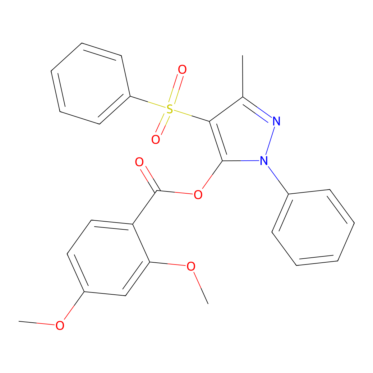 3-methyl-1-phenyl-4-(phenylsulfonyl)-1H-pyrazol-5-yl 2,4-dimethoxybenzoate molecular structure, CAS 851092-89-2