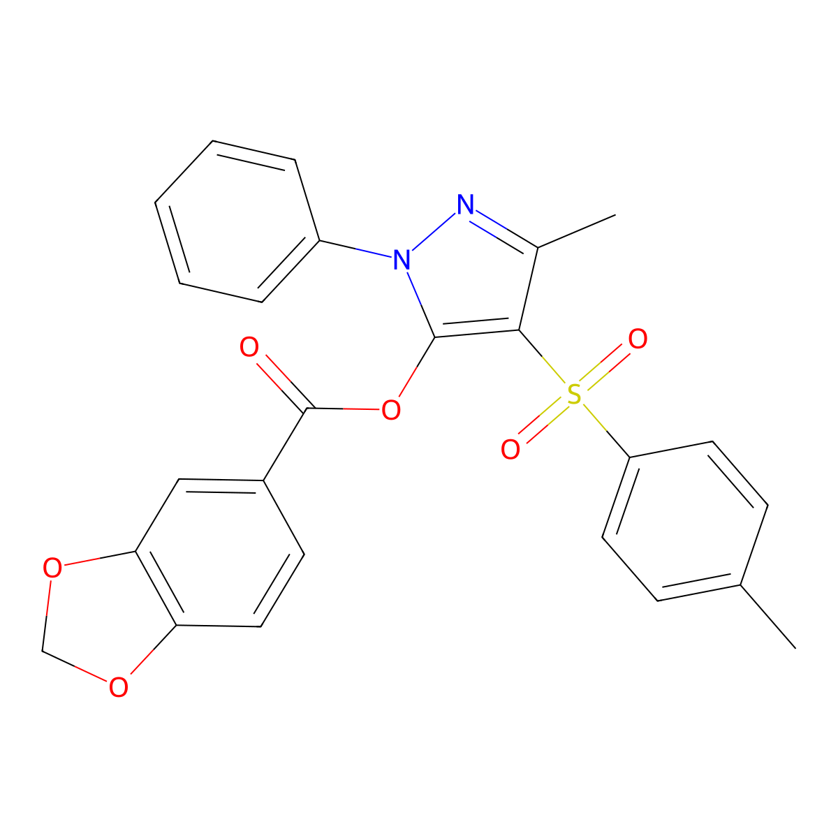 3-methyl-1-phenyl-4-tosyl-1H-pyrazol-5-yl benzo[d][1,3]dioxole-5-carboxylate molecular structure, CAS 851092-95-0