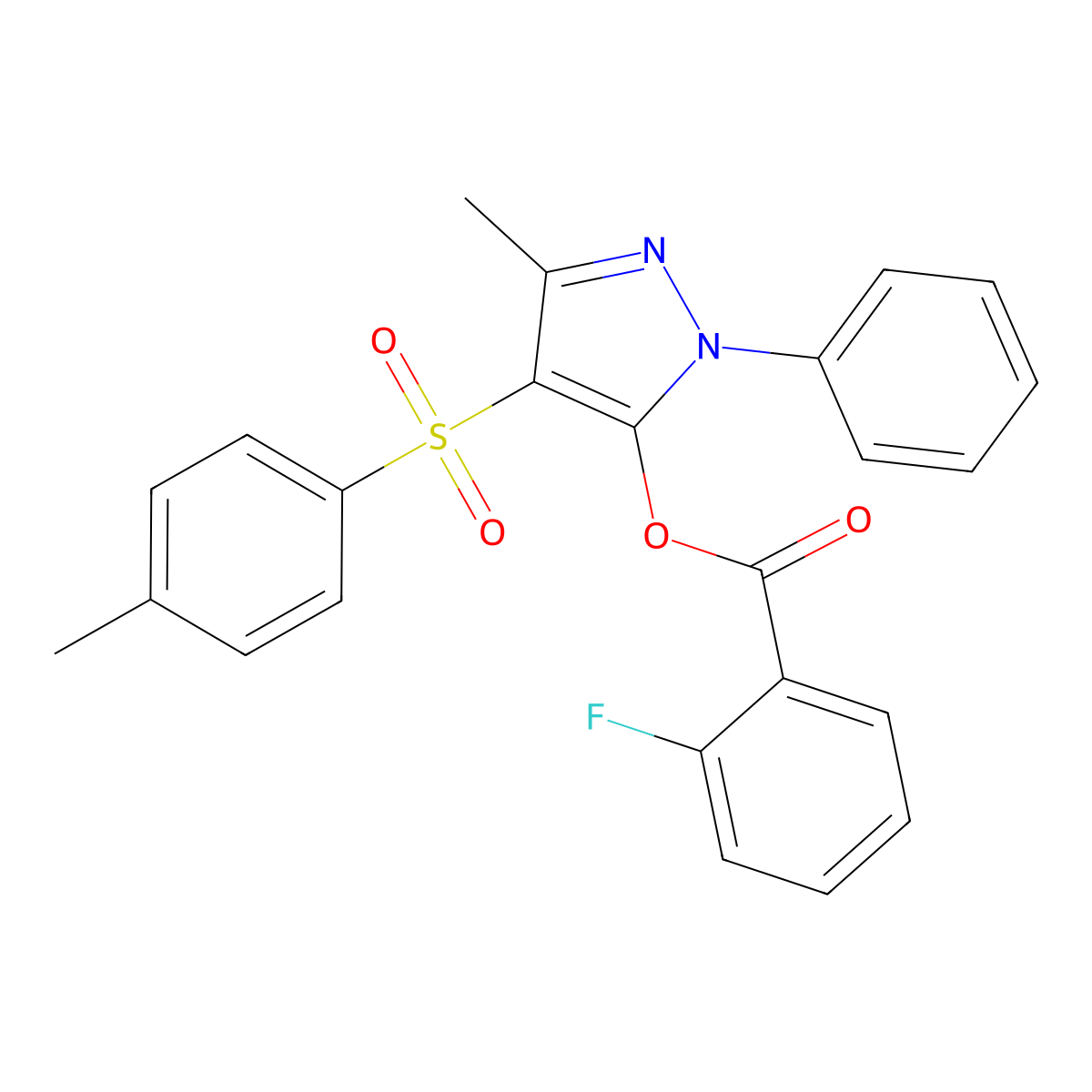 3-methyl-1-phenyl-4-tosyl-1H-pyrazol-5-yl 2-fluorobenzoate molecular structure, CAS 851093-23-7