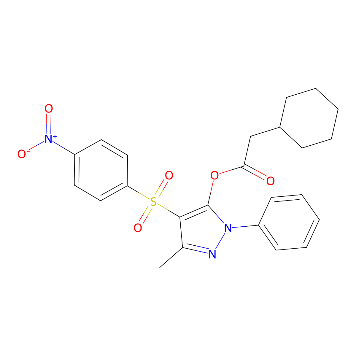 3-methyl-4-((4-nitrophenyl)sulfonyl)-1-phenyl-1H-pyrazol-5-yl 2-cyclohexylacetate molecular structure, CAS 851093-43-1