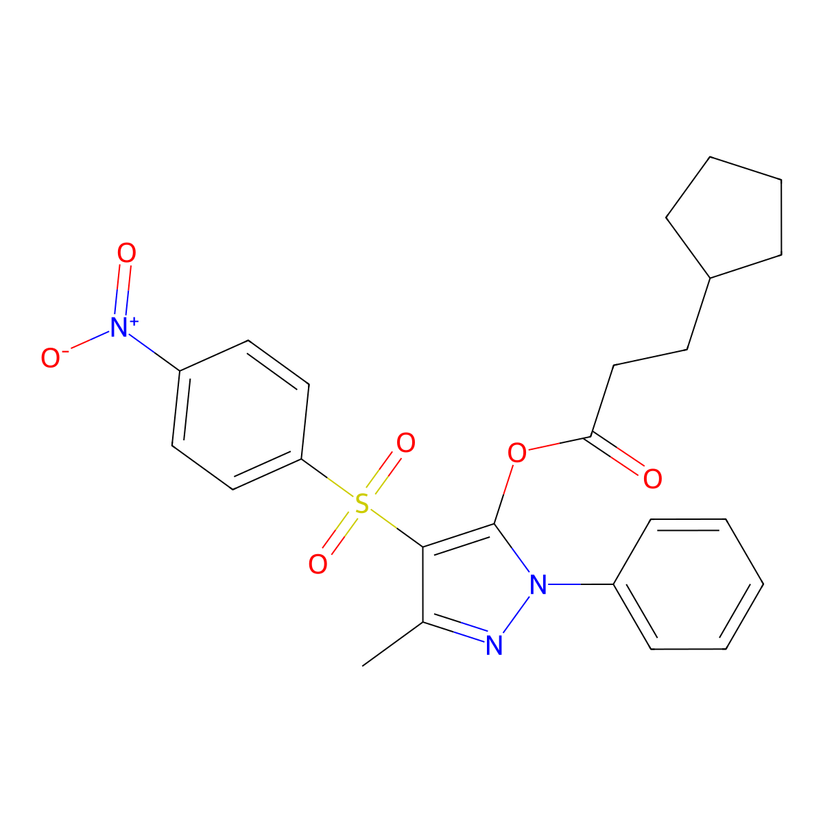 3-methyl-4-(4-nitrobenzenesulfonyl)-1-phenyl-1H-pyrazol-5-yl 3-cyclopentylpropanoate molecular structure, CAS 851093-45-3