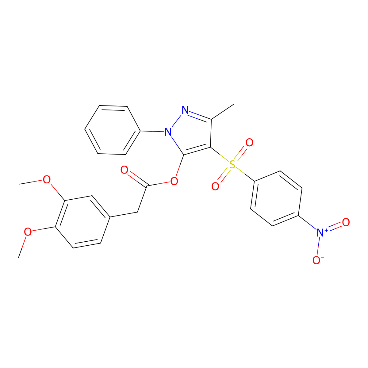 3-methyl-4-(4-nitrobenzenesulfonyl)-1-phenyl-1H-pyrazol-5-yl 2-(3,4-dimethoxyphenyl)acetate molecular structure, CAS 851093-46-4