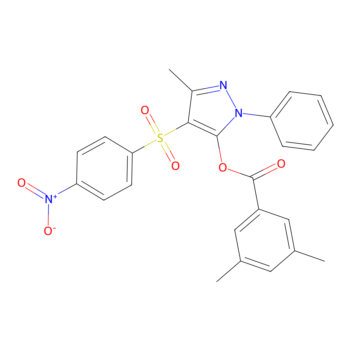 [5-Methyl-4-(4-nitrophenyl)sulfonyl-2-phenylpyrazol-3-yl] 3,5-dimethylbenzoate molecular structure, CAS 851093-47-5
