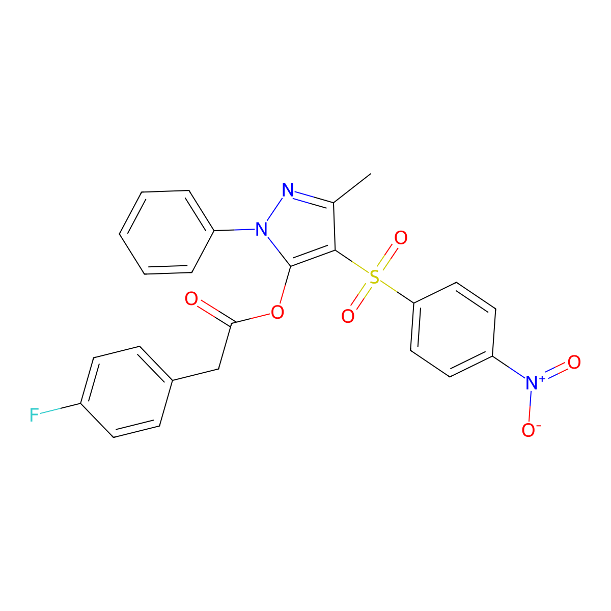 3-methyl-4-[(4-nitrophenyl)sulfonyl]-1-phenyl-1H-pyrazol-5-yl (4-fluorophenyl)acetate molecular structure, CAS 851093-48-6