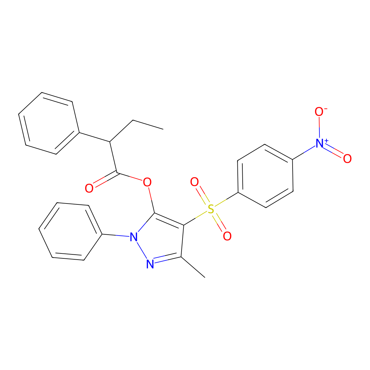 3-methyl-4-((4-nitrophenyl)sulfonyl)-1-phenyl-1H-pyrazol-5-yl 2-phenylbutanoate molecular structure, CAS 851093-49-7