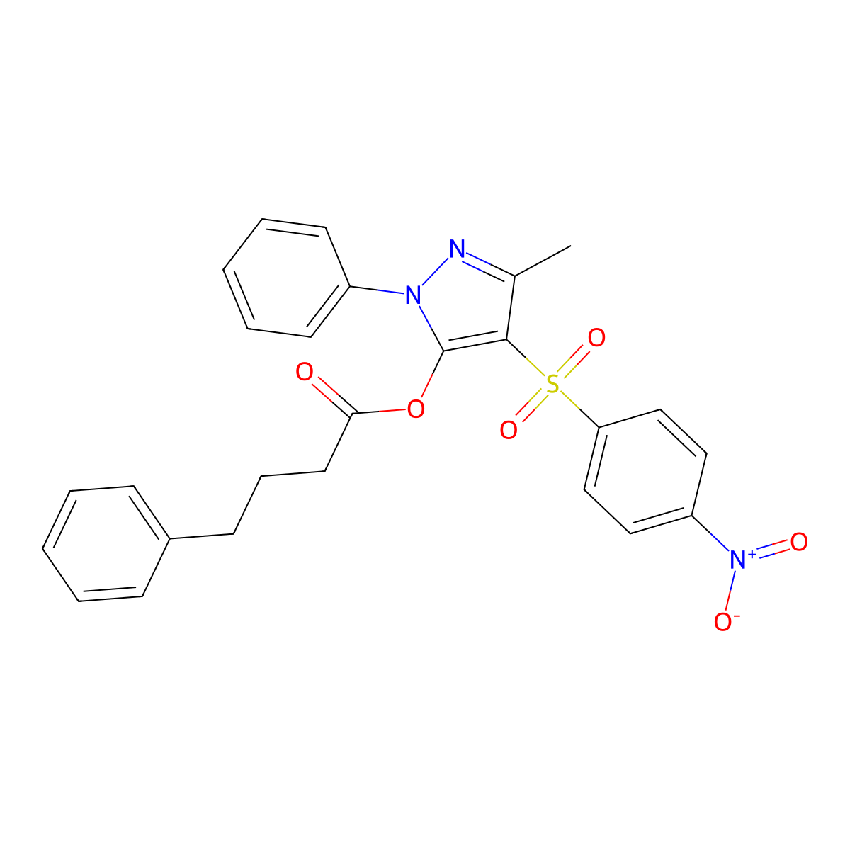 3-methyl-4-((4-nitrophenyl)sulfonyl)-1-phenyl-1H-pyrazol-5-yl 4-phenylbutanoate molecular structure, CAS 851093-50-0