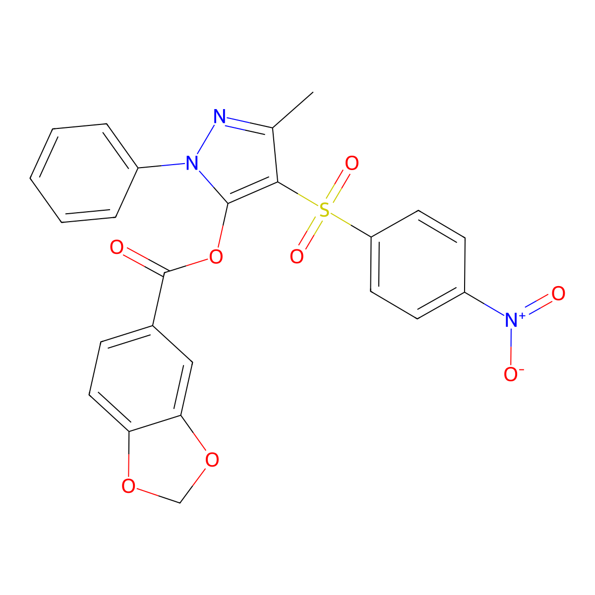 3-methyl-4-((4-nitrophenyl)sulfonyl)-1-phenyl-1H-pyrazol-5-yl benzo[d][1,3]dioxole-5-carboxylate molecular structure, CAS 851093-51-1