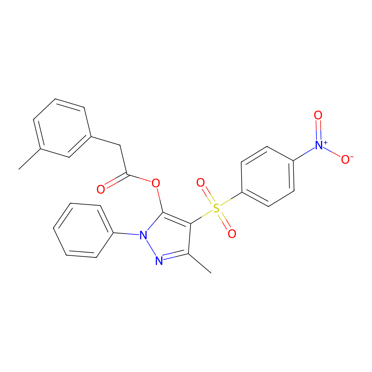 3-methyl-4-((4-nitrophenyl)sulfonyl)-1-phenyl-1H-pyrazol-5-yl 2-(m-tolyl)acetate molecular structure, CAS 851093-52-2
