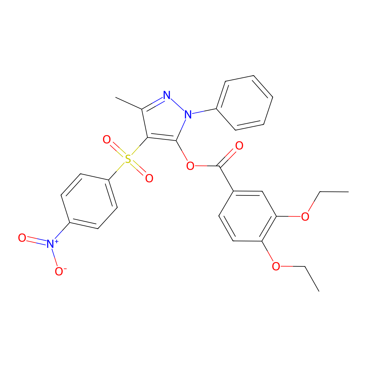 3-methyl-4-((4-nitrophenyl)sulfonyl)-1-phenyl-1H-pyrazol-5-yl 3,4-diethoxybenzoate molecular structure, CAS 851093-59-9