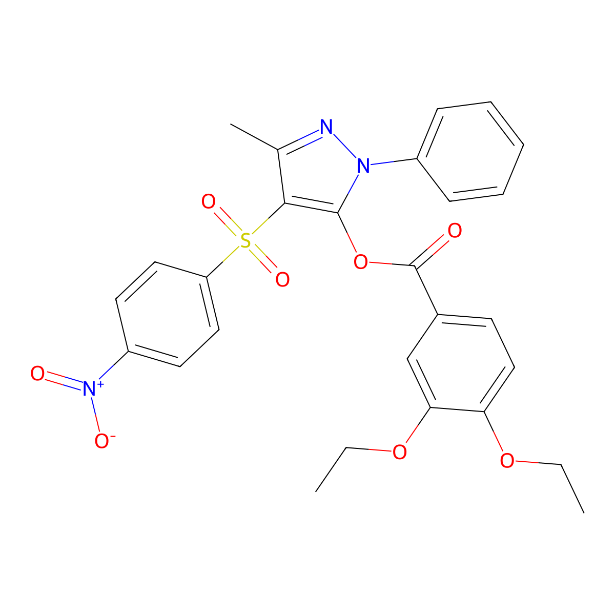 3-methyl-4-((4-nitrophenyl)sulfonyl)-1-phenyl-1H-pyrazol-5-yl 3,4-diethoxybenzoate molecular structure, CAS 851093-59-9