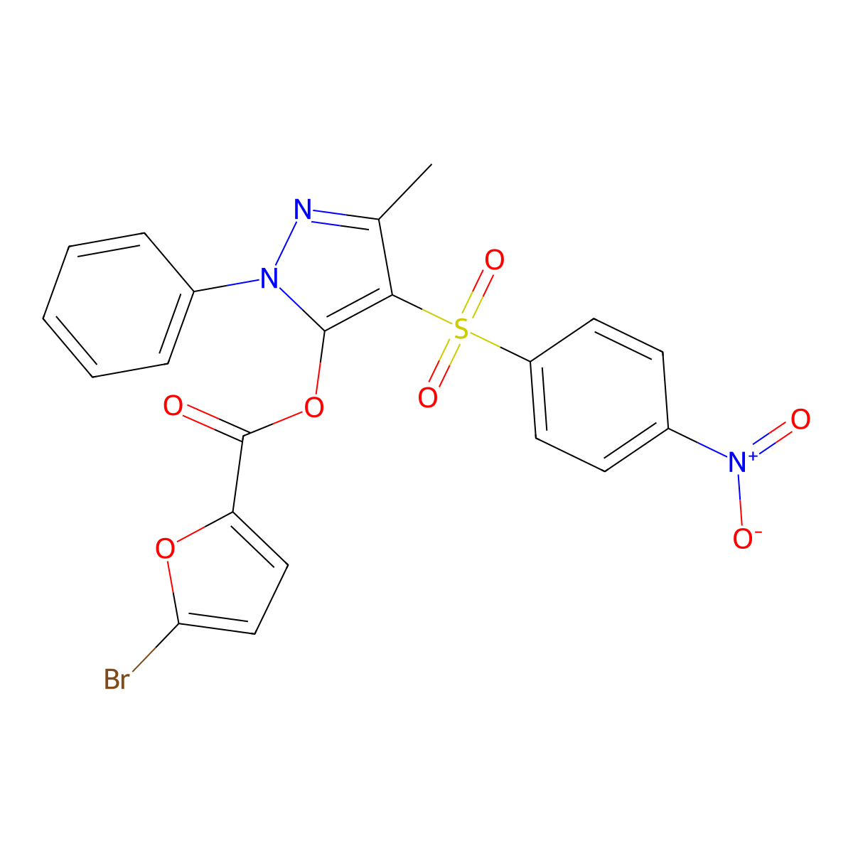 3-methyl-4-((4-nitrophenyl)sulfonyl)-1-phenyl-1H-pyrazol-5-yl 5-bromofuran-2-carboxylate molecular structure, CAS 851093-61-3