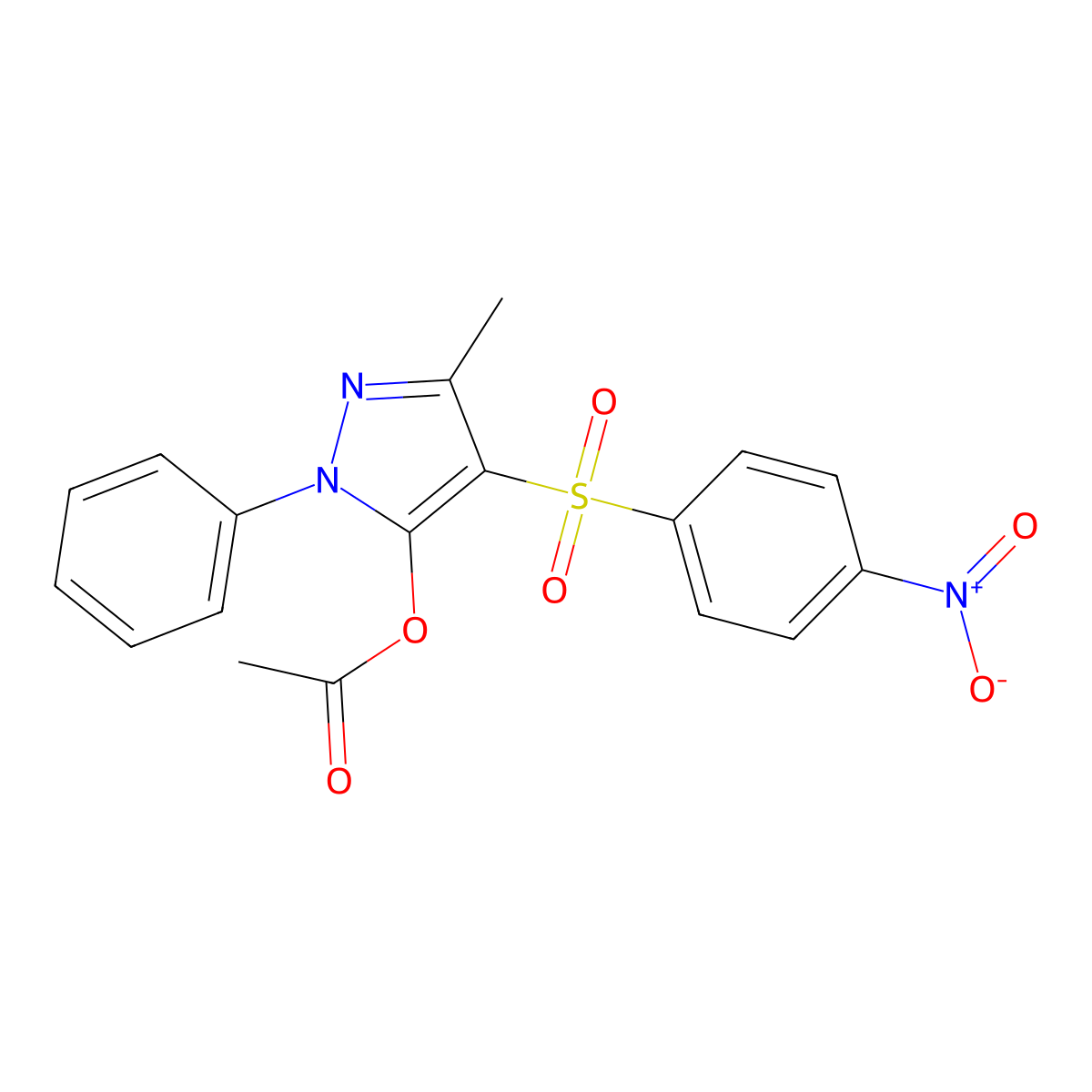 3-methyl-4-(4-nitrobenzenesulfonyl)-1-phenyl-1H-pyrazol-5-yl acetate molecular structure, CAS 851093-62-4