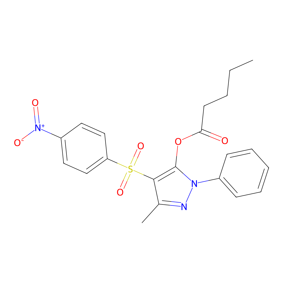 3-methyl-4-(4-nitrobenzenesulfonyl)-1-phenyl-1H-pyrazol-5-yl pentanoate molecular structure, CAS 851093-64-6