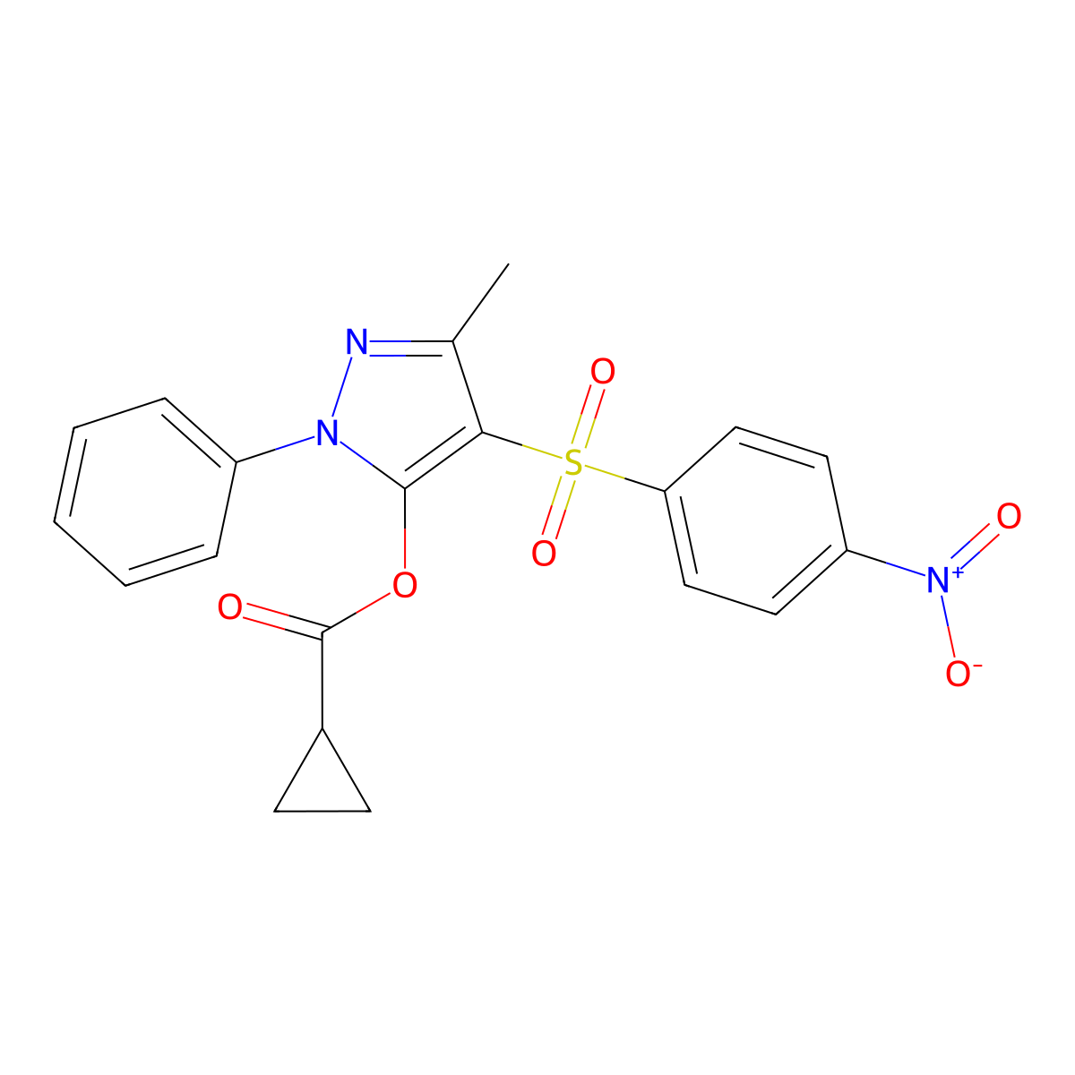 [5-Methyl-4-(4-nitrophenyl)sulfonyl-2-phenylpyrazol-3-yl] cyclopropanecarboxylate molecular structure, CAS 851093-68-0