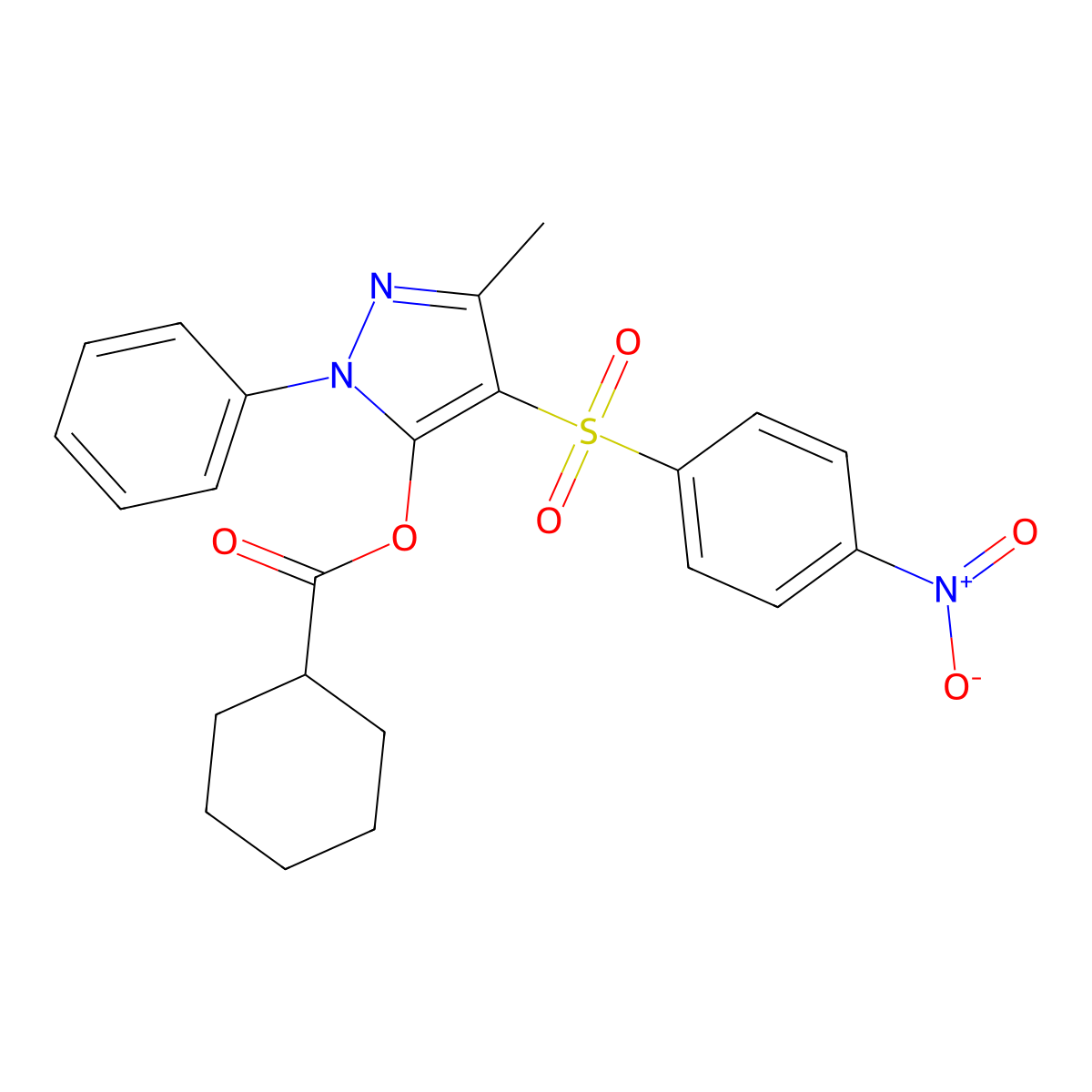 3-methyl-4-((4-nitrophenyl)sulfonyl)-1-phenyl-1H-pyrazol-5-yl cyclohexanecarboxylate molecular structure, CAS 851093-69-1