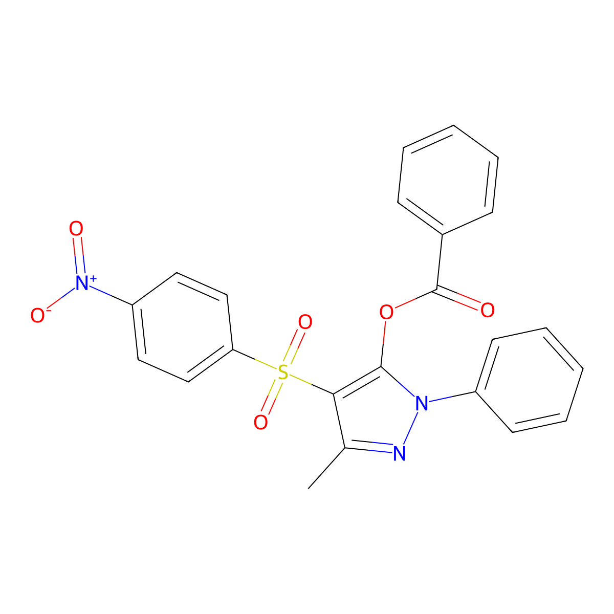 3-methyl-4-((4-nitrophenyl)sulfonyl)-1-phenyl-1H-pyrazol-5-yl benzoate molecular structure, CAS 851093-74-8