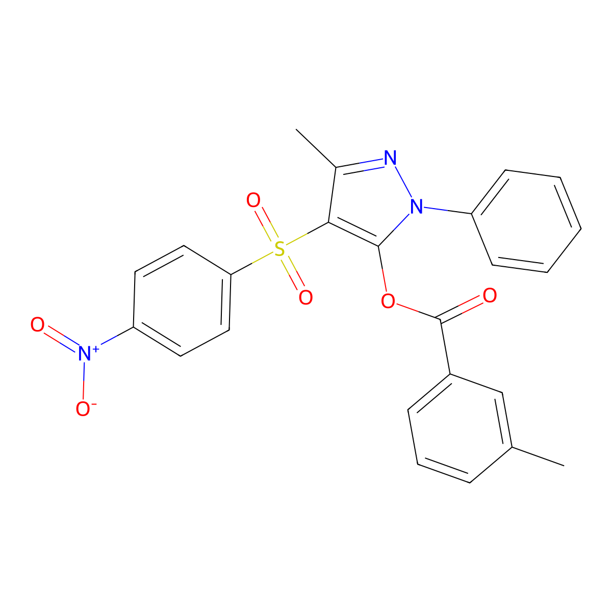 3-methyl-4-((4-nitrophenyl)sulfonyl)-1-phenyl-1H-pyrazol-5-yl 3-methylbenzoate molecular structure, CAS 851093-76-0