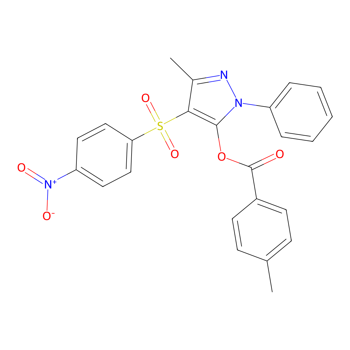 3-methyl-4-((4-nitrophenyl)sulfonyl)-1-phenyl-1H-pyrazol-5-yl 4-methylbenzoate molecular structure, CAS 851093-77-1