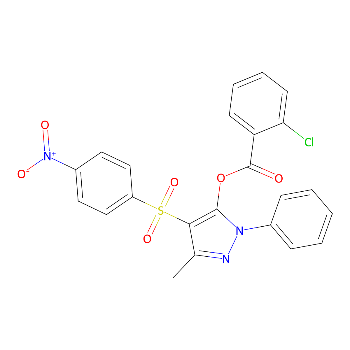 3-methyl-4-((4-nitrophenyl)sulfonyl)-1-phenyl-1H-pyrazol-5-yl 2-chlorobenzoate molecular structure, CAS 851093-78-2