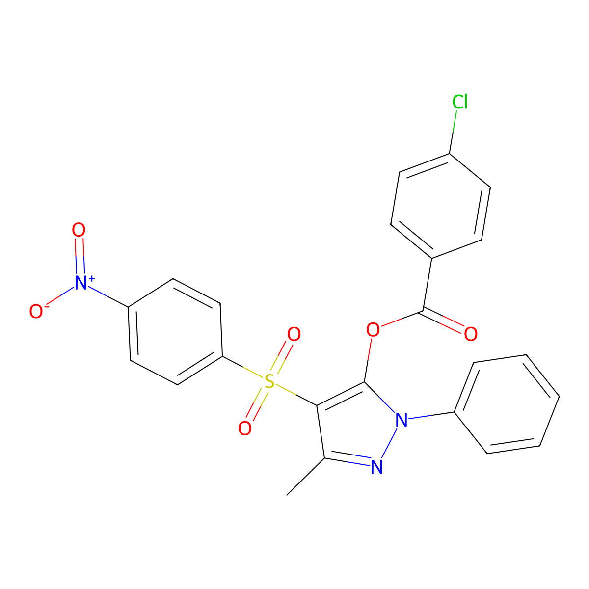 3-methyl-4-(4-nitrobenzenesulfonyl)-1-phenyl-1H-pyrazol-5-yl 4-chlorobenzoate molecular structure, CAS 851093-80-6