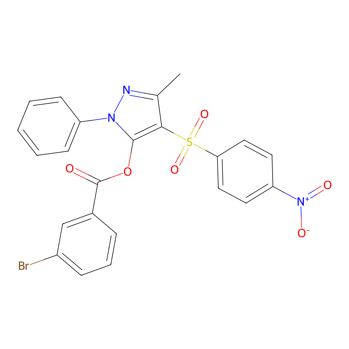 3-methyl-4-((4-nitrophenyl)sulfonyl)-1-phenyl-1H-pyrazol-5-yl 3-bromobenzoate molecular structure, CAS 851093-82-8