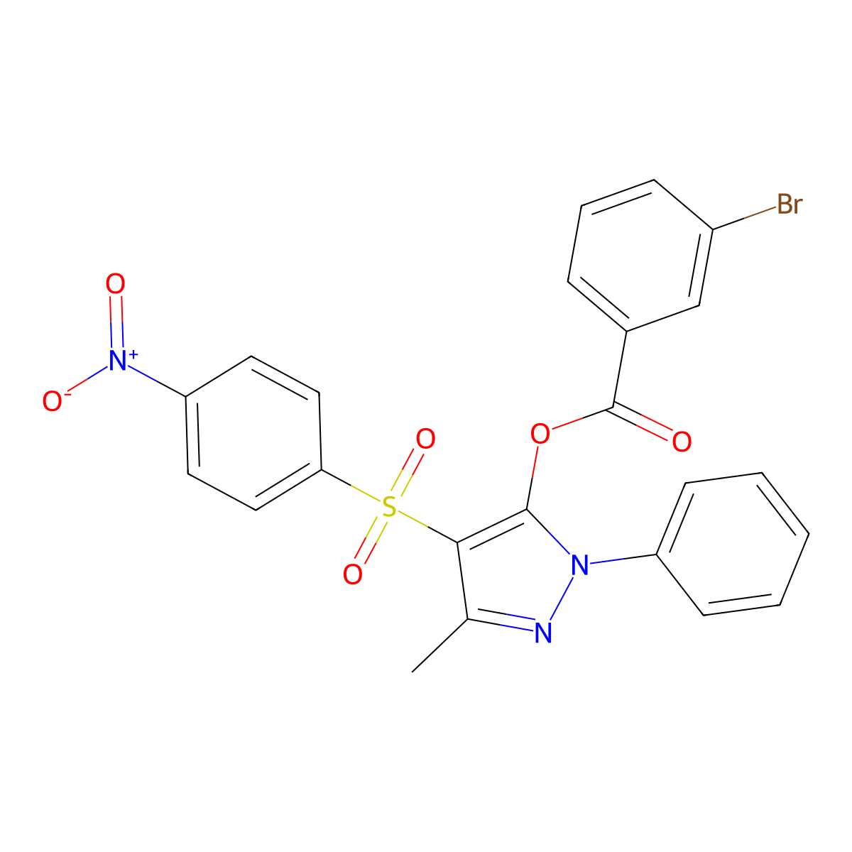 3-methyl-4-((4-nitrophenyl)sulfonyl)-1-phenyl-1H-pyrazol-5-yl 3-bromobenzoate molecular structure, CAS 851093-82-8