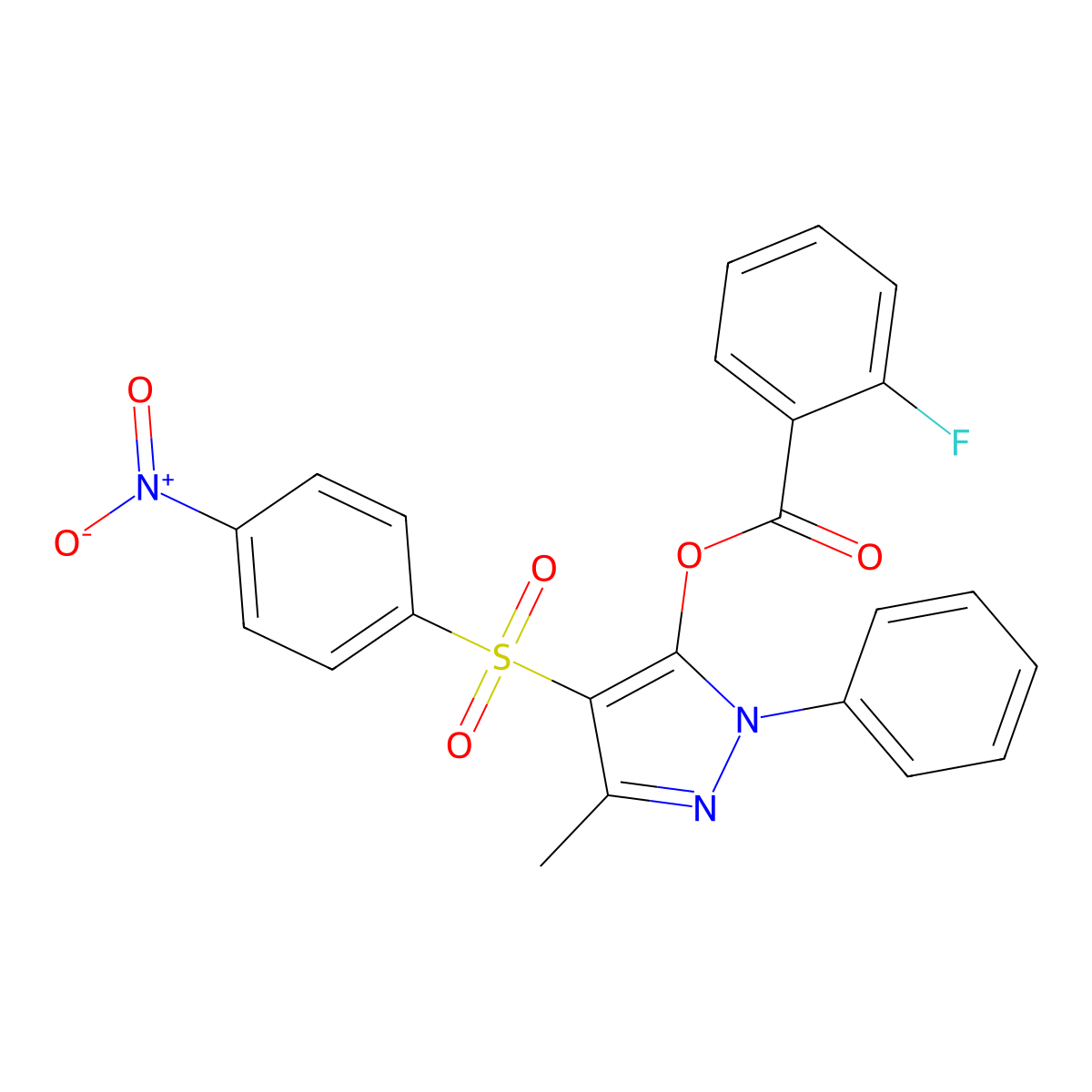 3-methyl-4-((4-nitrophenyl)sulfonyl)-1-phenyl-1H-pyrazol-5-yl 2-fluorobenzoate molecular structure, CAS 851093-83-9