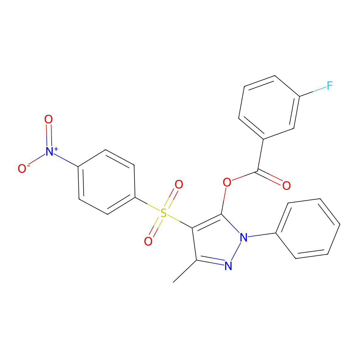 3-methyl-4-((4-nitrophenyl)sulfonyl)-1-phenyl-1H-pyrazol-5-yl 3-fluorobenzoate molecular structure, CAS 851093-84-0