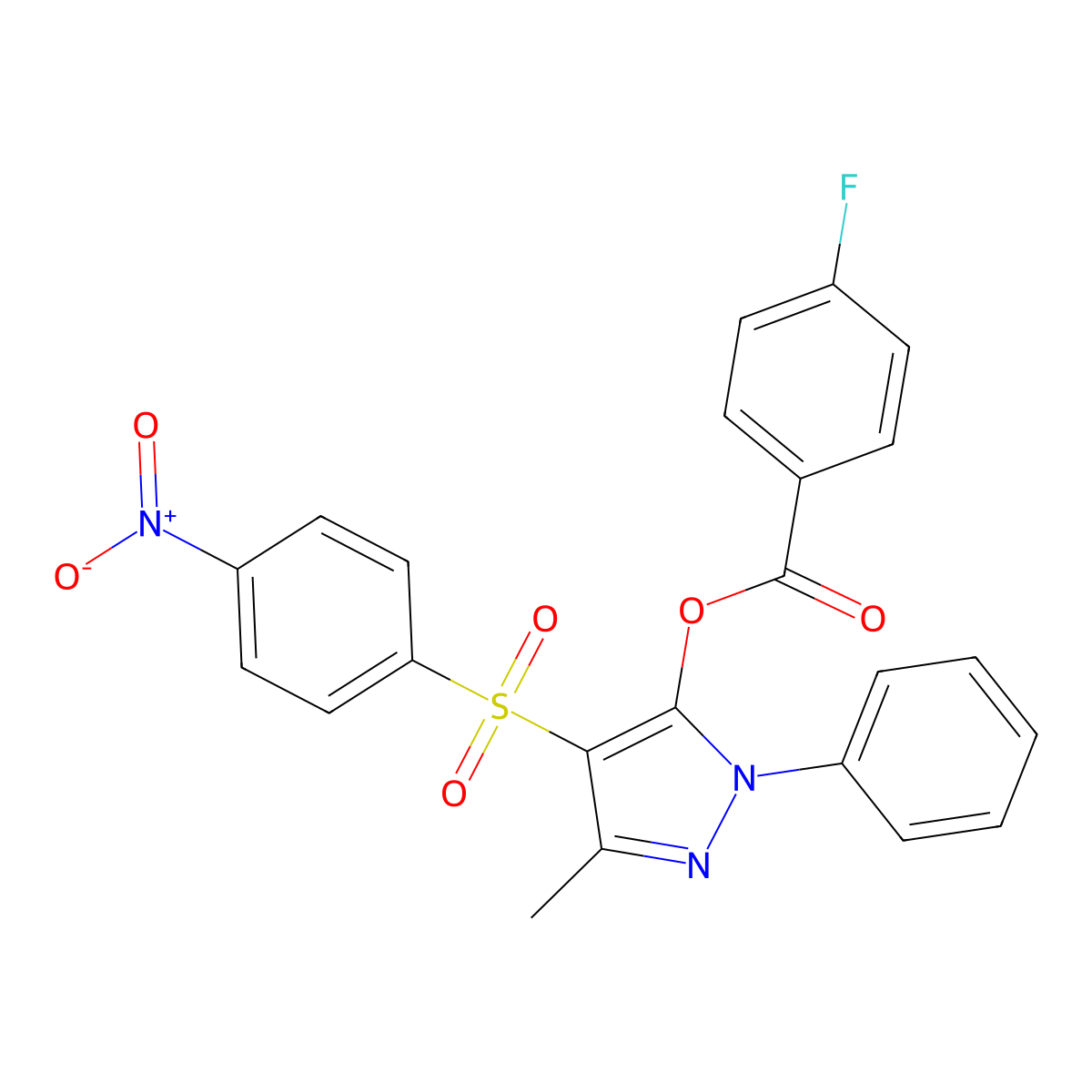 [5-Methyl-4-(4-nitrophenyl)sulfonyl-2-phenylpyrazol-3-yl] 4-fluorobenzoate molecular structure, CAS 851093-85-1