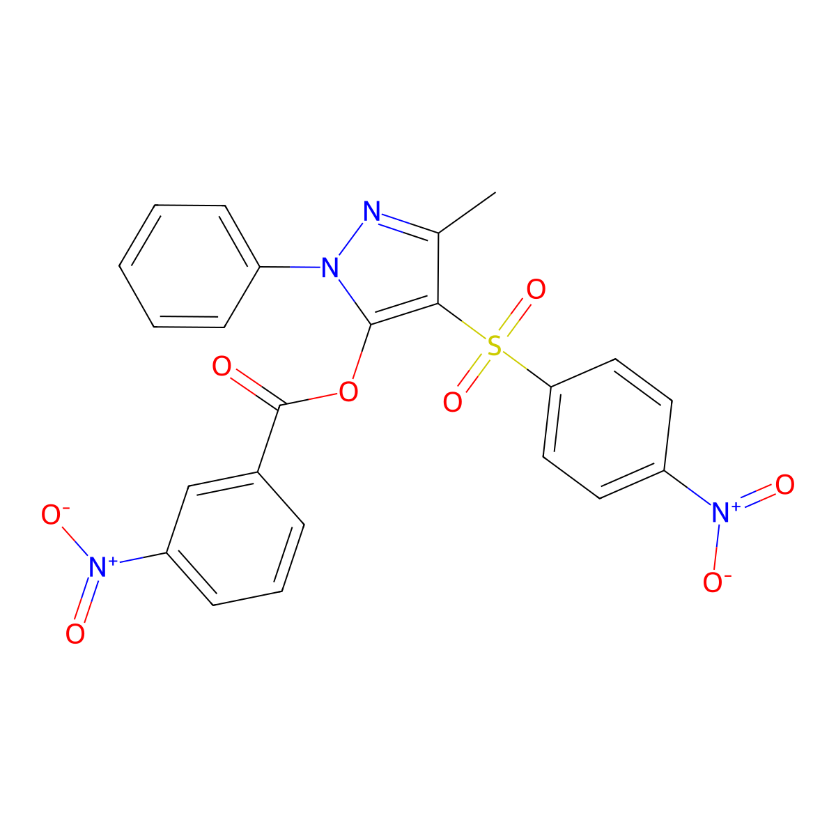 3-methyl-4-((4-nitrophenyl)sulfonyl)-1-phenyl-1H-pyrazol-5-yl 3-nitrobenzoate molecular structure, CAS 851093-87-3