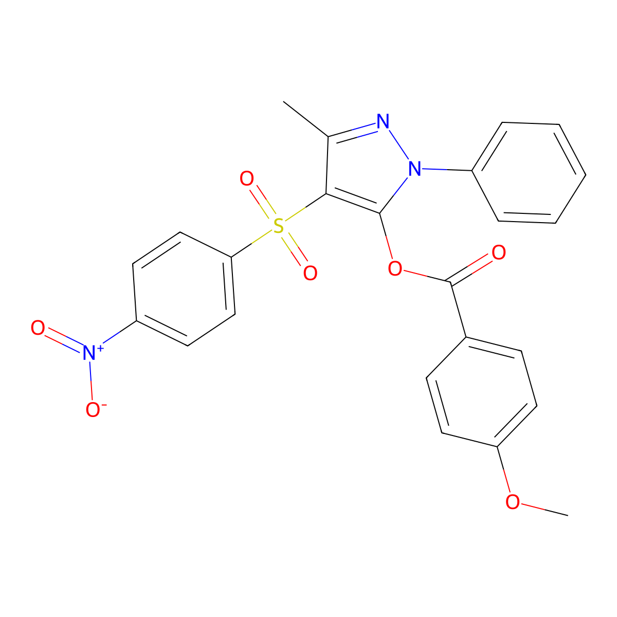 3-methyl-4-((4-nitrophenyl)sulfonyl)-1-phenyl-1H-pyrazol-5-yl 4-methoxybenzoate molecular structure, CAS 851093-92-0