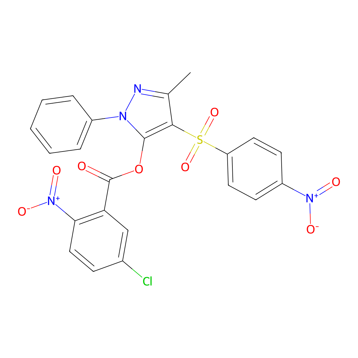 3-methyl-4-((4-nitrophenyl)sulfonyl)-1-phenyl-1H-pyrazol-5-yl 5-chloro-2-nitrobenzoate molecular structure, CAS 851093-97-5