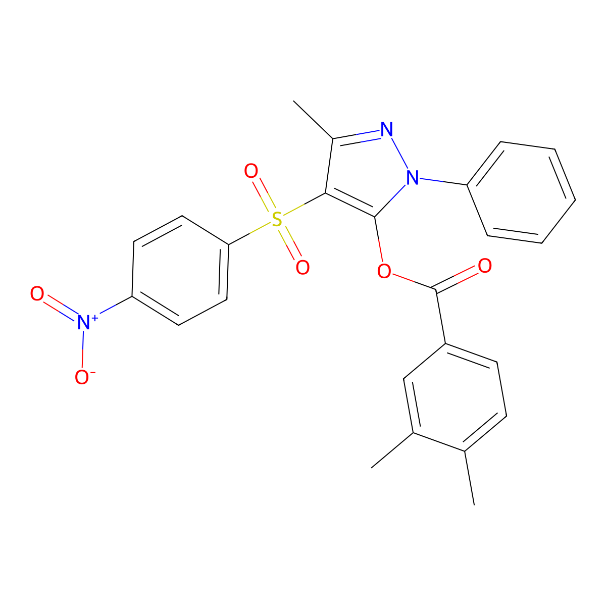 3-methyl-4-((4-nitrophenyl)sulfonyl)-1-phenyl-1H-pyrazol-5-yl 3,4-dimethylbenzoate molecular structure, CAS 851093-99-7