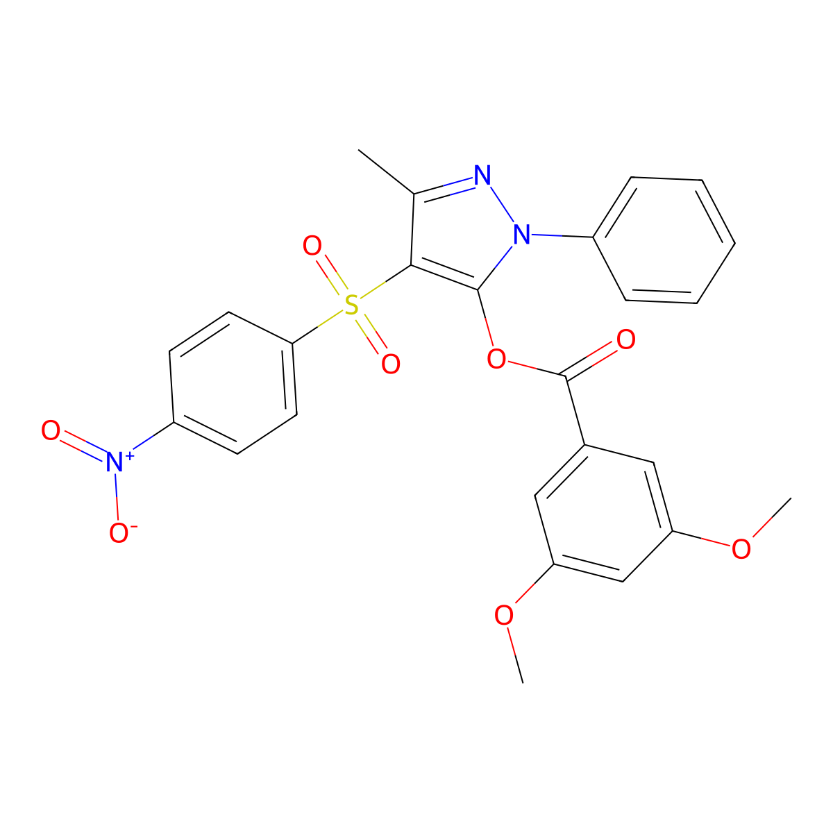 3-methyl-4-((4-nitrophenyl)sulfonyl)-1-phenyl-1H-pyrazol-5-yl 3,5-dimethoxybenzoate molecular structure, CAS 851094-02-5