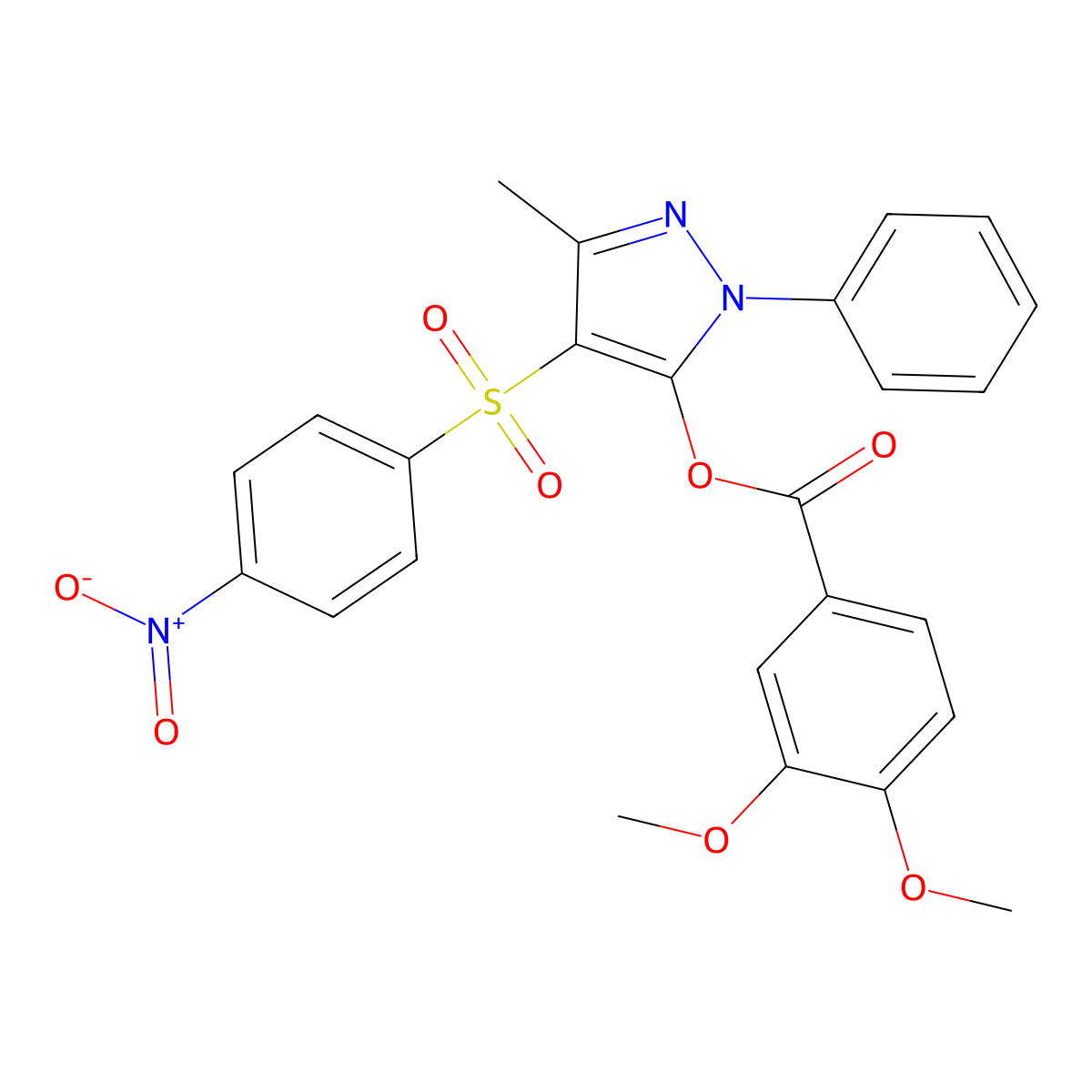 3-methyl-4-((4-nitrophenyl)sulfonyl)-1-phenyl-1H-pyrazol-5-yl 3,4-dimethoxybenzoate molecular structure, CAS 851094-04-7