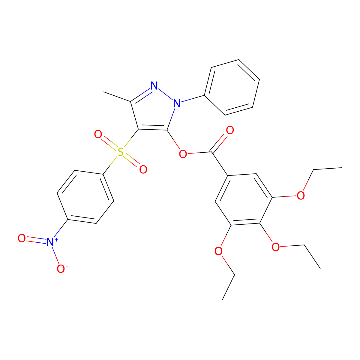 3-methyl-4-((4-nitrophenyl)sulfonyl)-1-phenyl-1H-pyrazol-5-yl 3,4,5-triethoxybenzoate molecular structure, CAS 851094-06-9