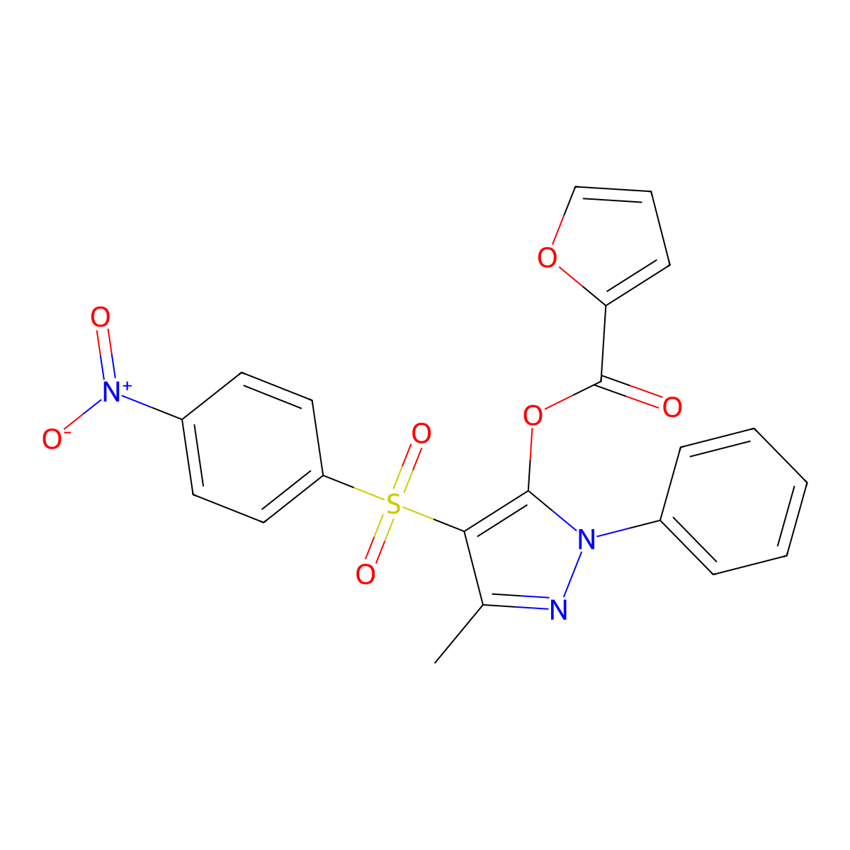 3-methyl-4-((4-nitrophenyl)sulfonyl)-1-phenyl-1H-pyrazol-5-yl furan-2-carboxylate molecular structure, CAS 851094-07-0