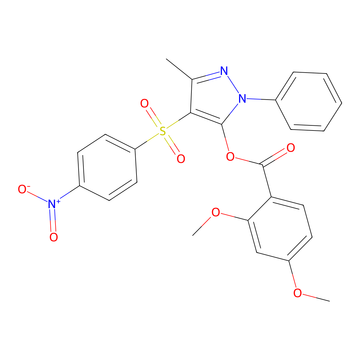 3-methyl-4-((4-nitrophenyl)sulfonyl)-1-phenyl-1H-pyrazol-5-yl 2,4-dimethoxybenzoate molecular structure, CAS 851094-09-2