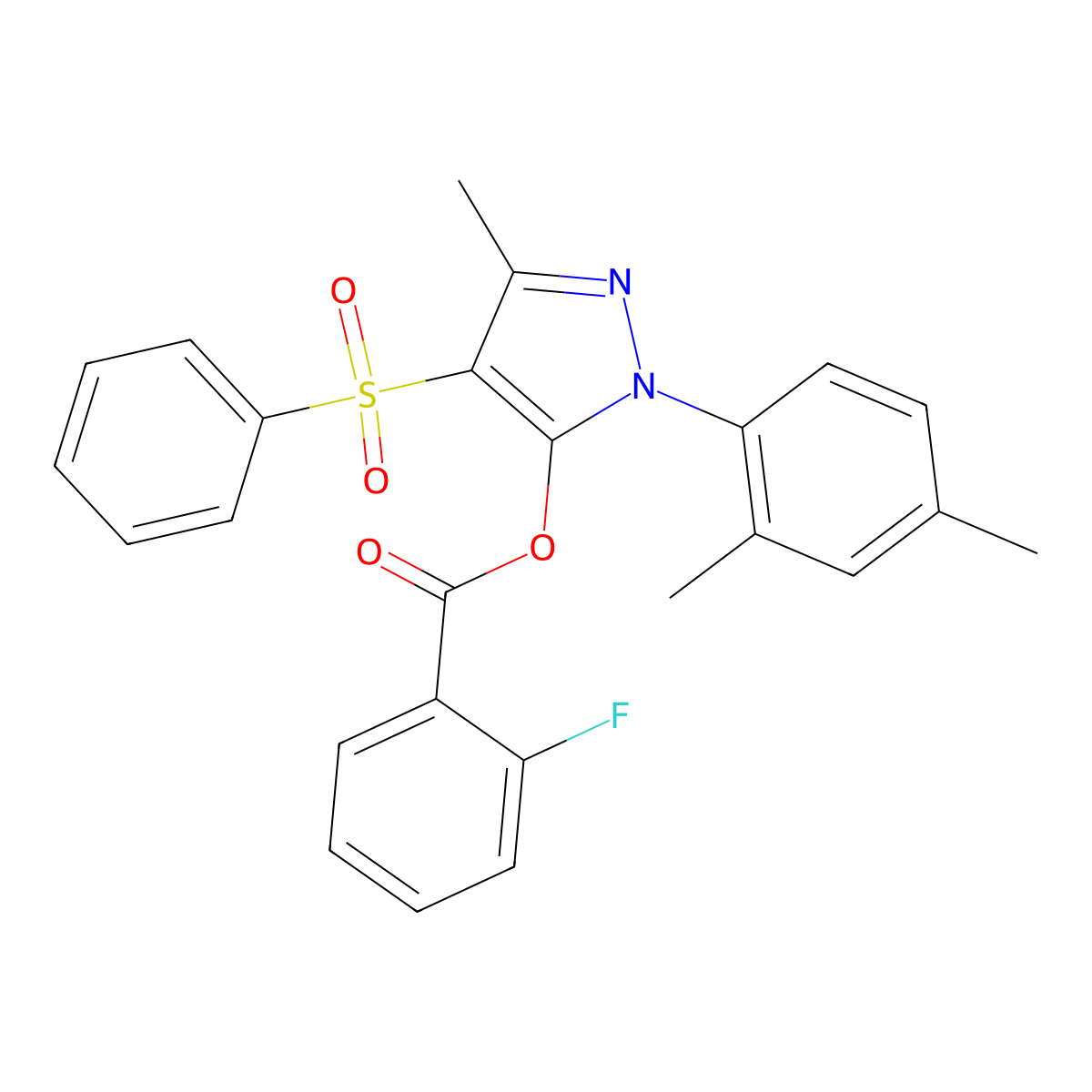 1-(2,4-dimethylphenyl)-3-methyl-4-(phenylsulfonyl)-1H-pyrazol-5-yl 2-fluorobenzoate molecular structure, CAS 851094-23-0
