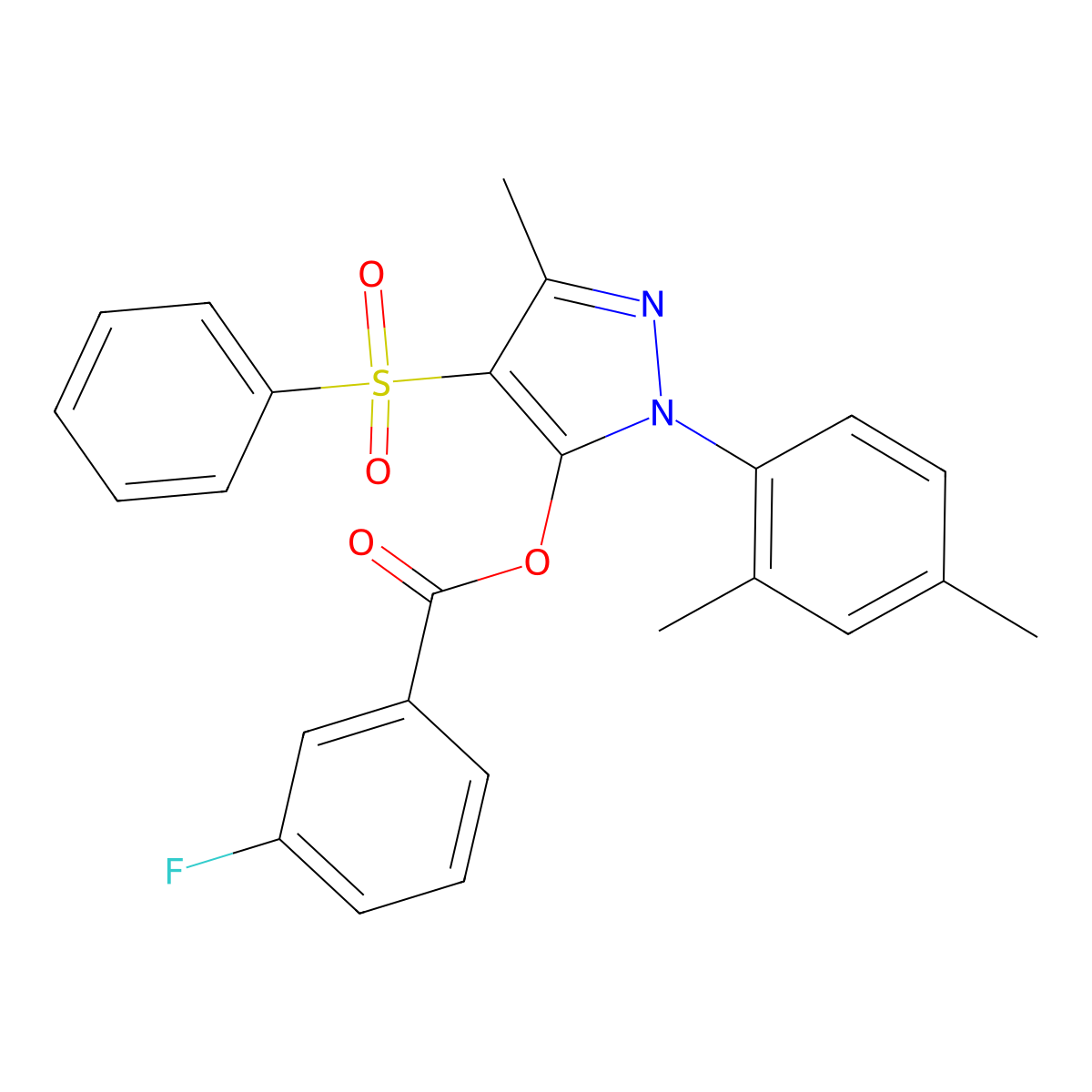 4-(benzenesulfonyl)-1-(2,4-dimethylphenyl)-3-methyl-1H-pyrazol-5-yl 3-fluorobenzoate molecular structure, CAS 851094-24-1