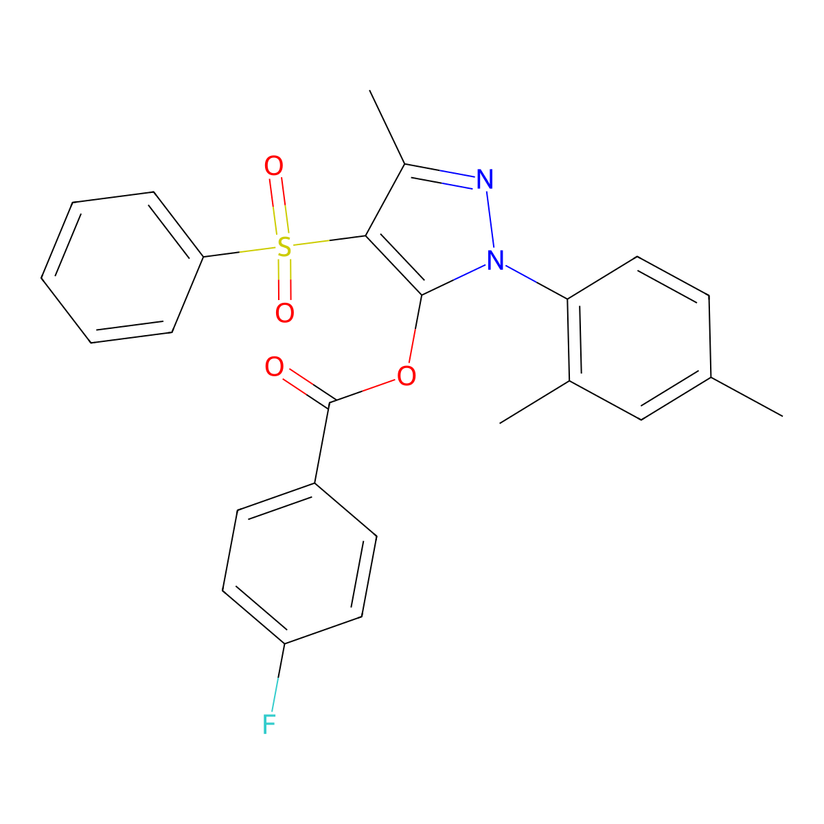 [4-(Benzenesulfonyl)-2-(2,4-dimethylphenyl)-5-methylpyrazol-3-yl] 4-fluorobenzoate molecular structure, CAS 851094-25-2