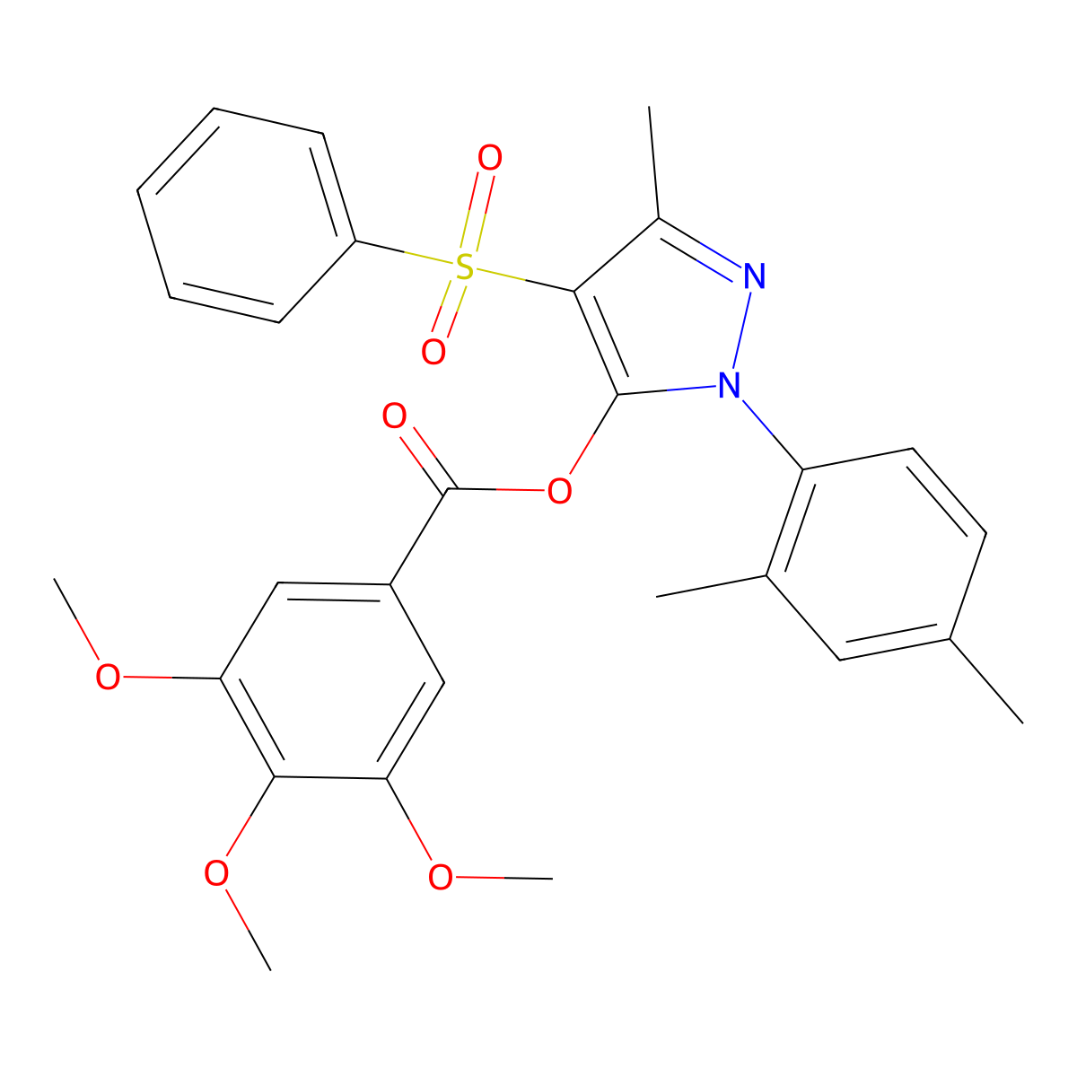 1-(2,4-dimethylphenyl)-3-methyl-4-(phenylsulfonyl)-1H-pyrazol-5-yl 3,4,5-trimethoxybenzoate molecular structure, CAS 851094-33-2
