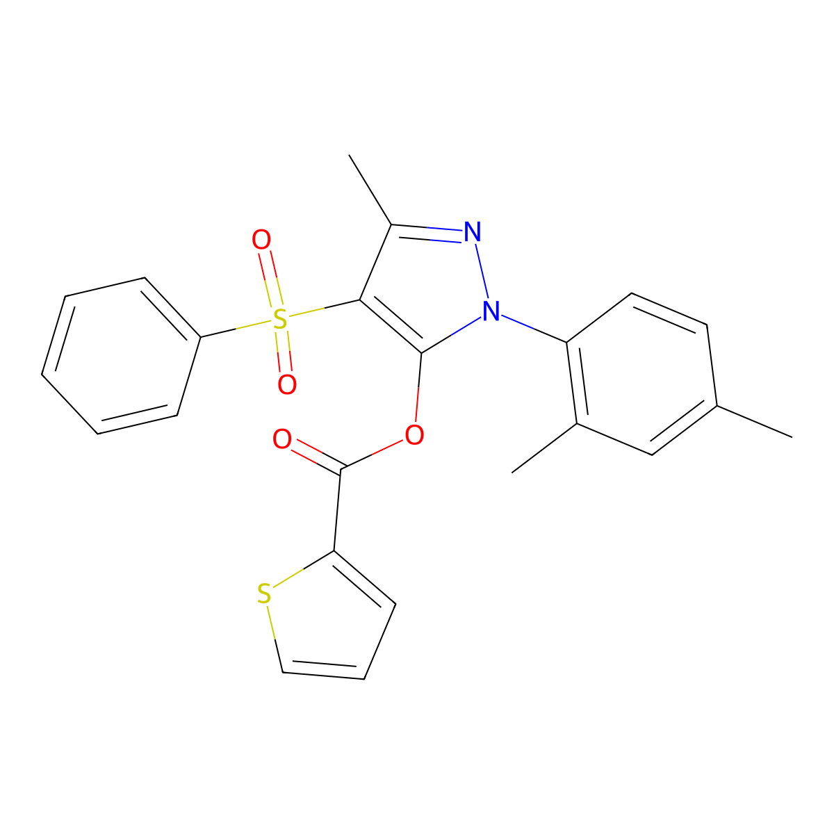 1-(2,4-dimethylphenyl)-3-methyl-4-(phenylsulfonyl)-1H-pyrazol-5-yl thiophene-2-carboxylate molecular structure, CAS 851094-37-6