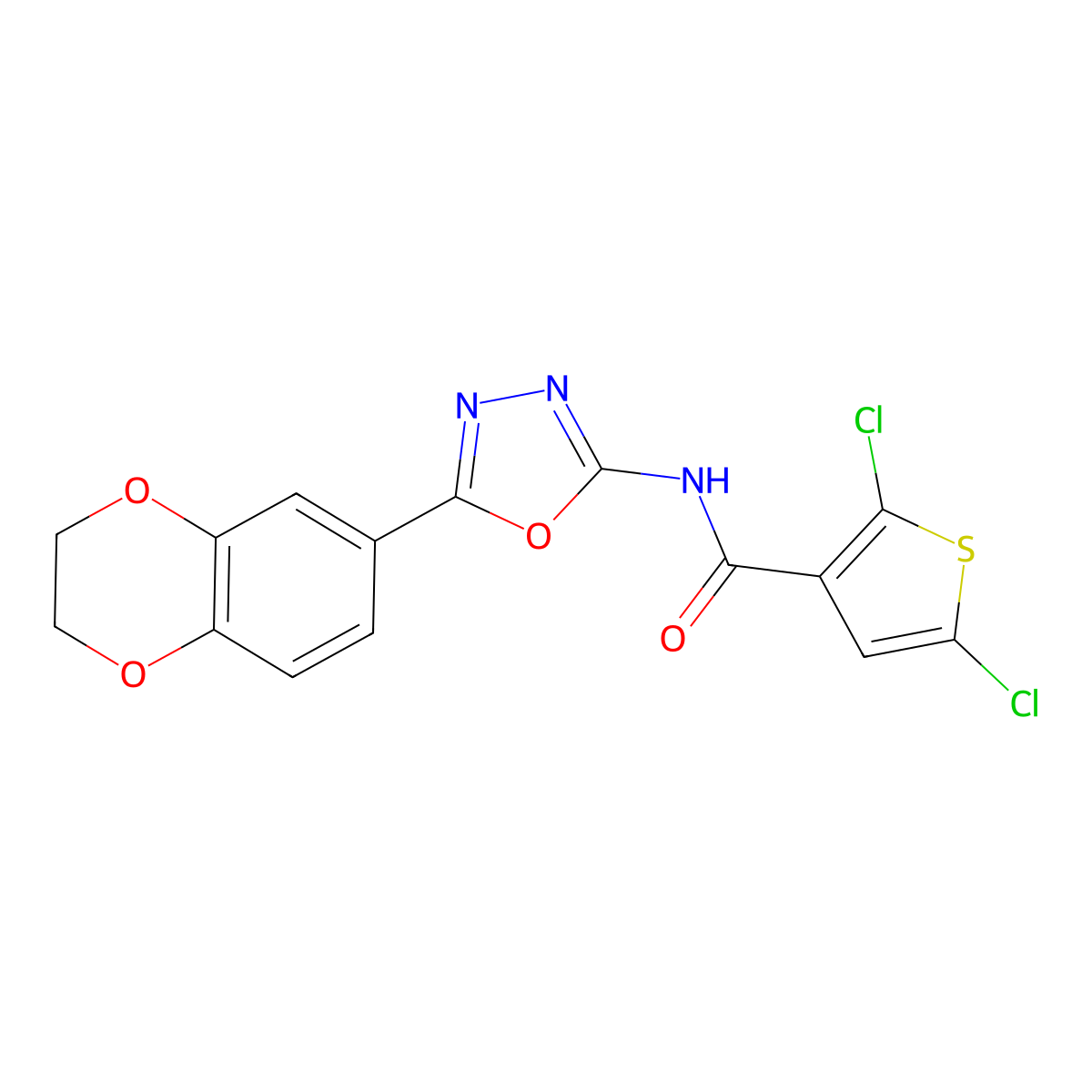2,5-dichloro-N-[5-(2,3-dihydro-1,4-benzodioxin-6-yl)-1,3,4-oxadiazol-2-yl]thiophene-3-carboxamide molecular structure, CAS 851094-73-0
