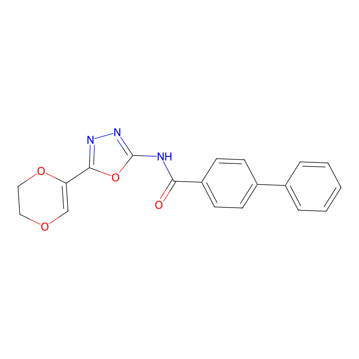 N-(5-(5,6-dihydro-1,4-dioxin-2-yl)-1,3,4-oxadiazol-2-yl)-[1,1'-biphenyl]-4-carboxamide molecular structure, CAS 851094-77-4
