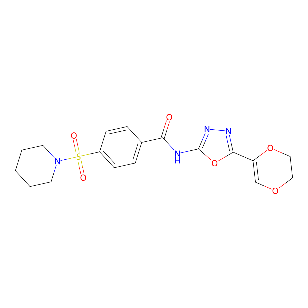 N-(5-(5,6-dihydro-1,4-dioxin-2-yl)-1,3,4-oxadiazol-2-yl)-4-(piperidin-1-ylsulfonyl)benzamide molecular structure, CAS 851094-81-0